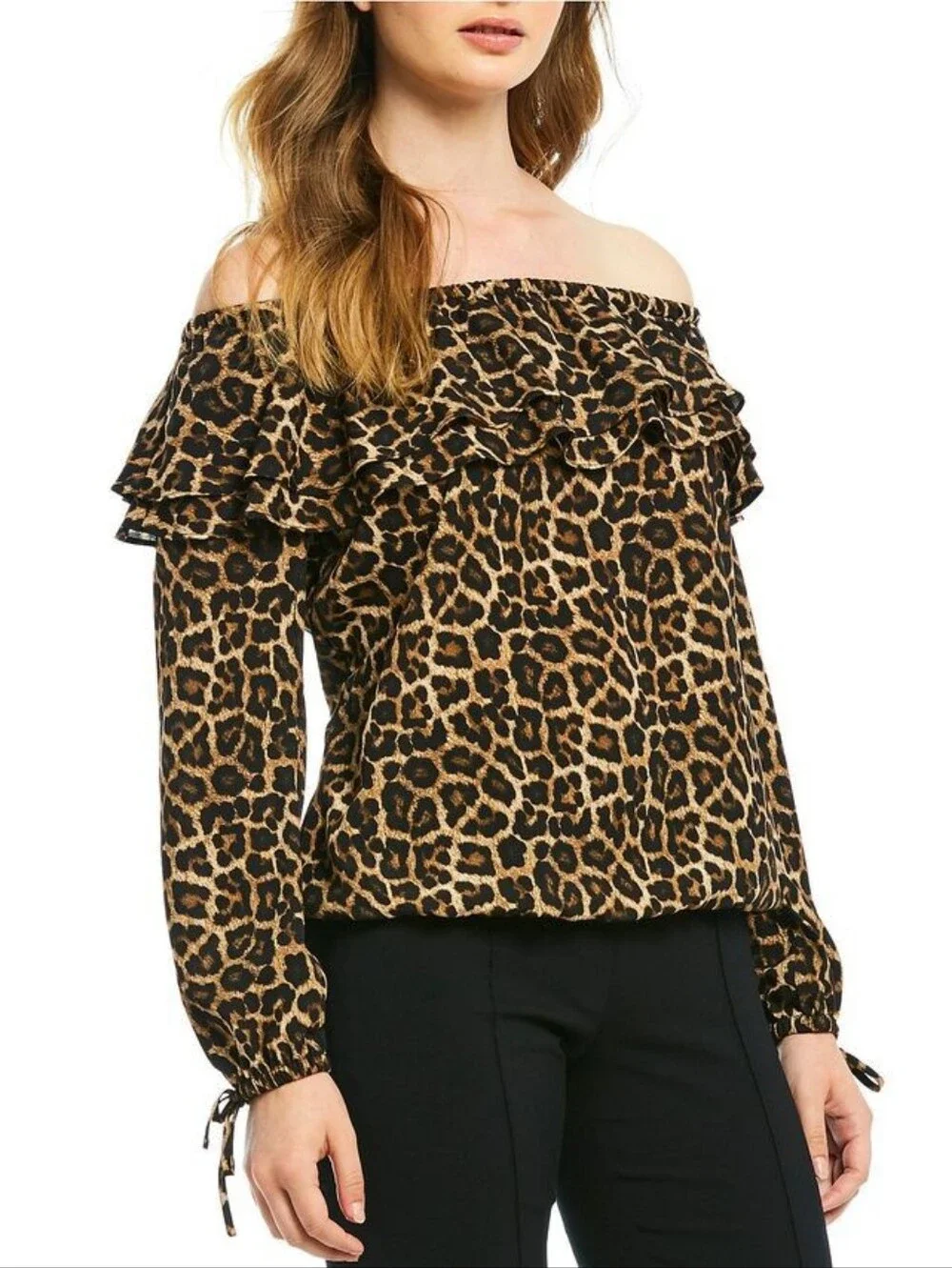 Michael Kors Leopard Print Off-Shoulder Women's Peasant Top - Brown